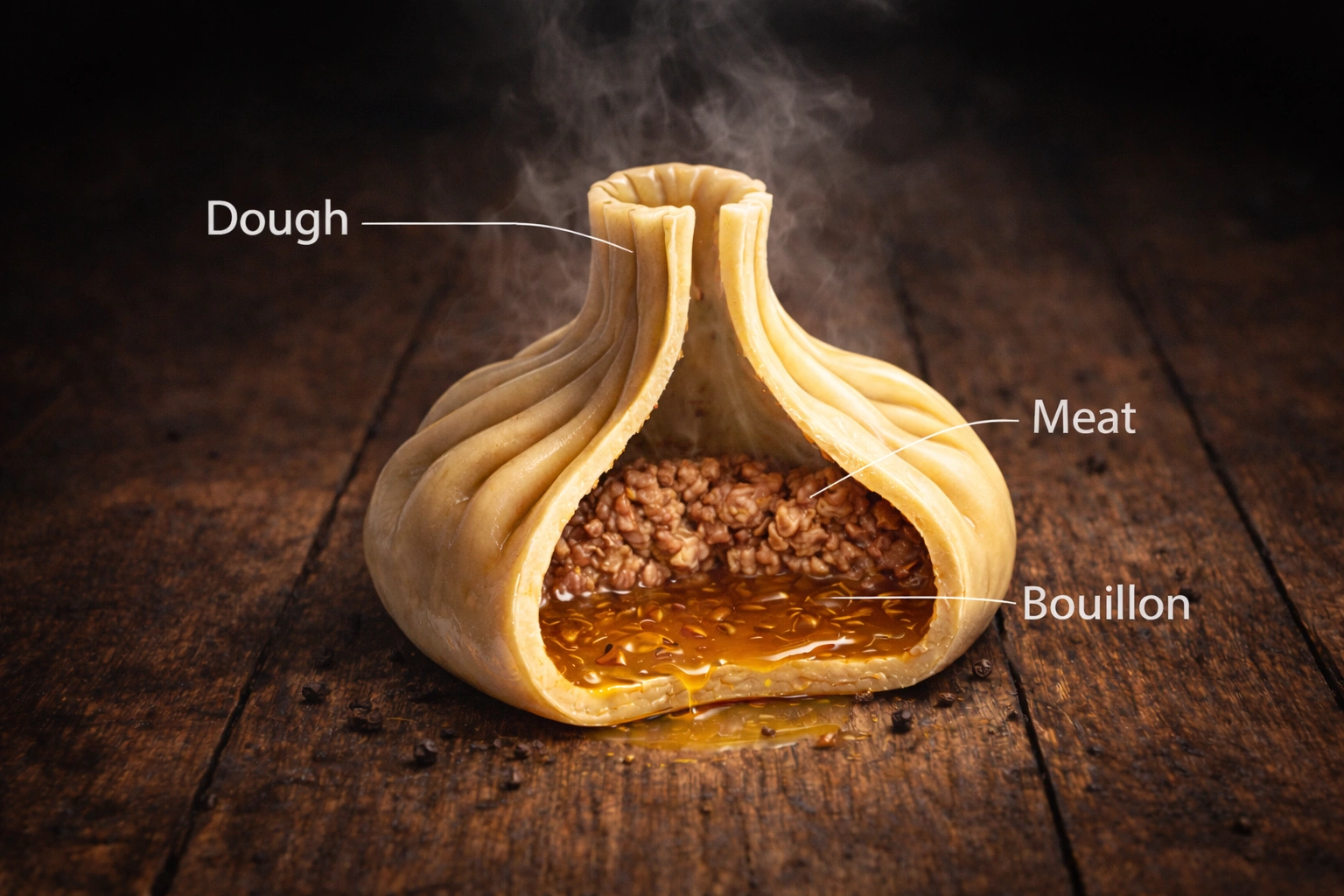 Inside a Georgian khinkali showing the meat and broth filling