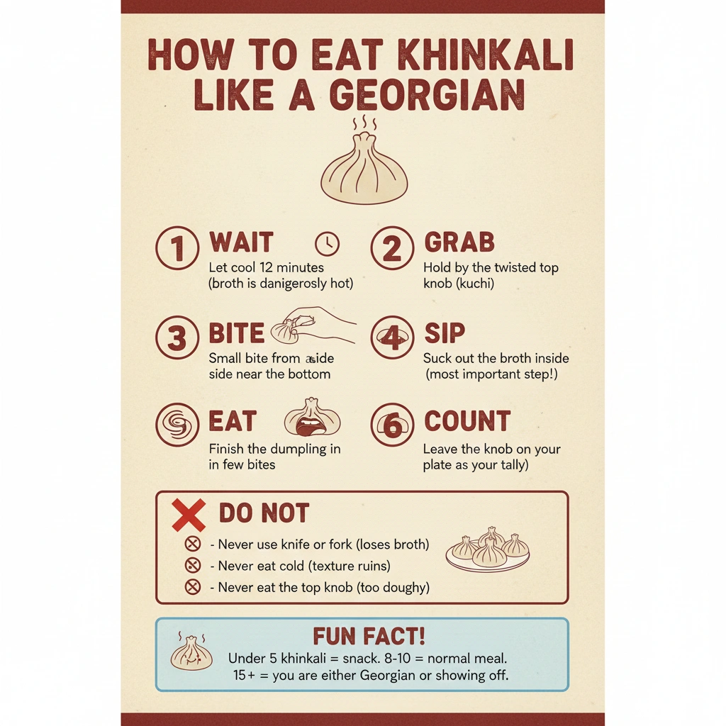 Step-by-step instructions showing how to eat khinkali