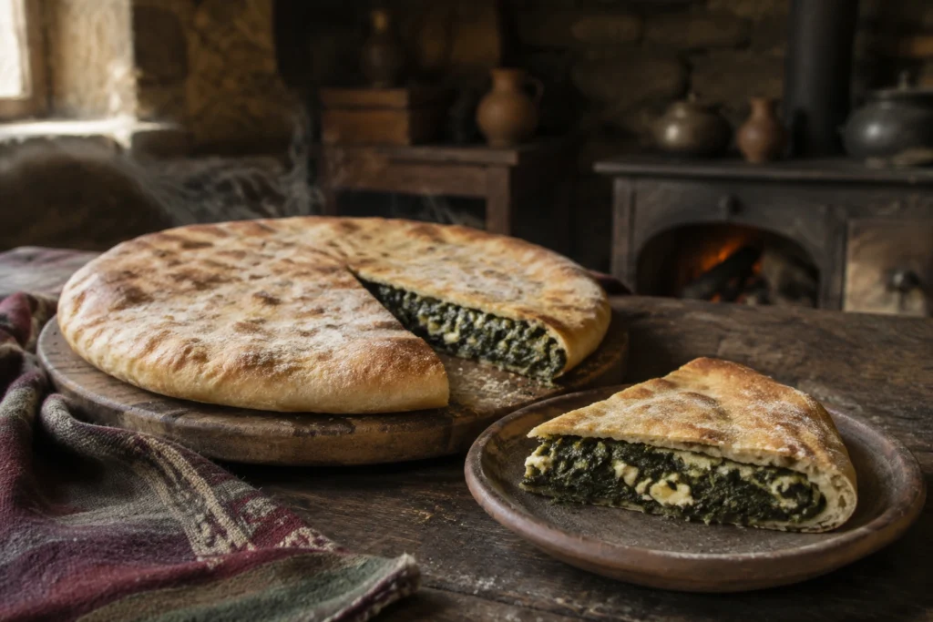 Mkhlovana filled with cheese and beetroot leaves