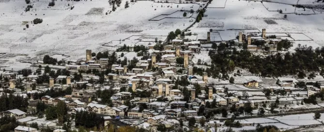 Winter in Svaneti view from Hatsvali slope. When to travel to Georgia