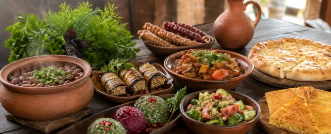 Traditional vegan and vegetarian Georgian dishes including lobio, pkhali, ajapsandali and eggplant with walnuts