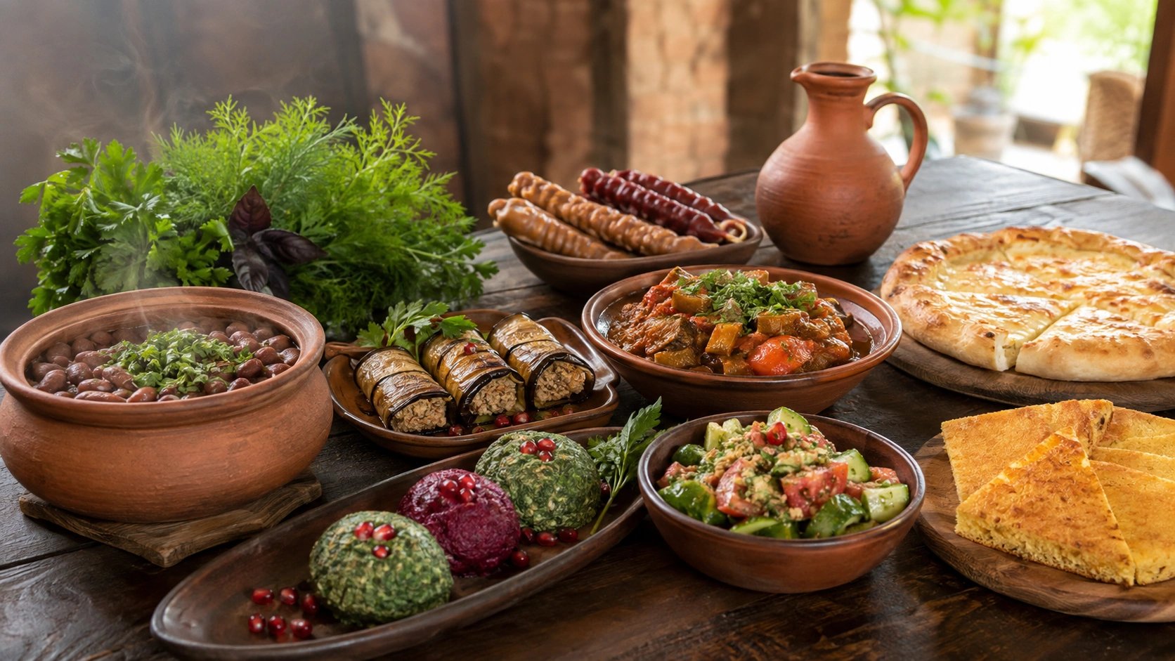 Traditional vegan and vegetarian Georgian dishes including lobio, pkhali, ajapsandali and eggplant with walnuts