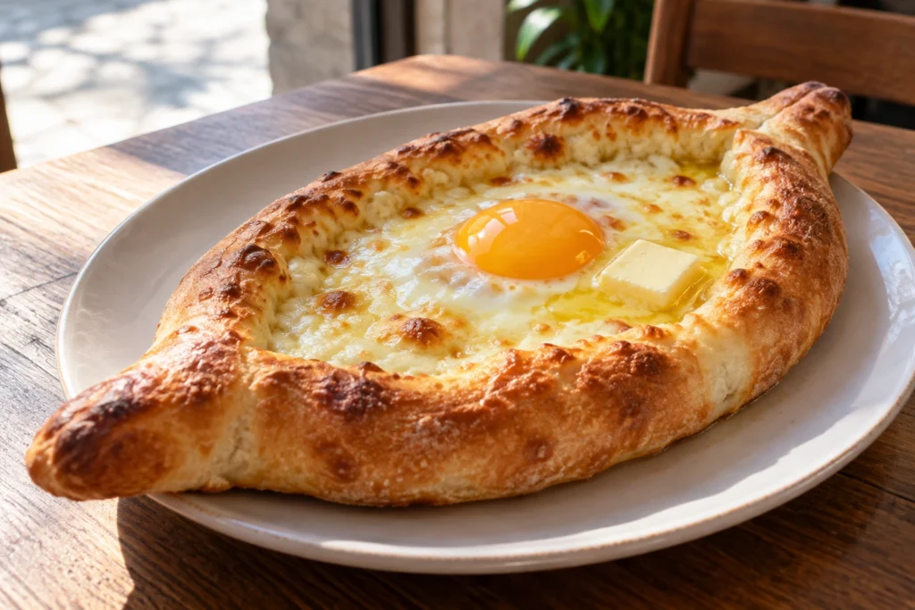 Boat-shaped Adjaruli khachapuri with a golden crust, melted cheese, an intact egg yolk and melting butter on a plain white plate.