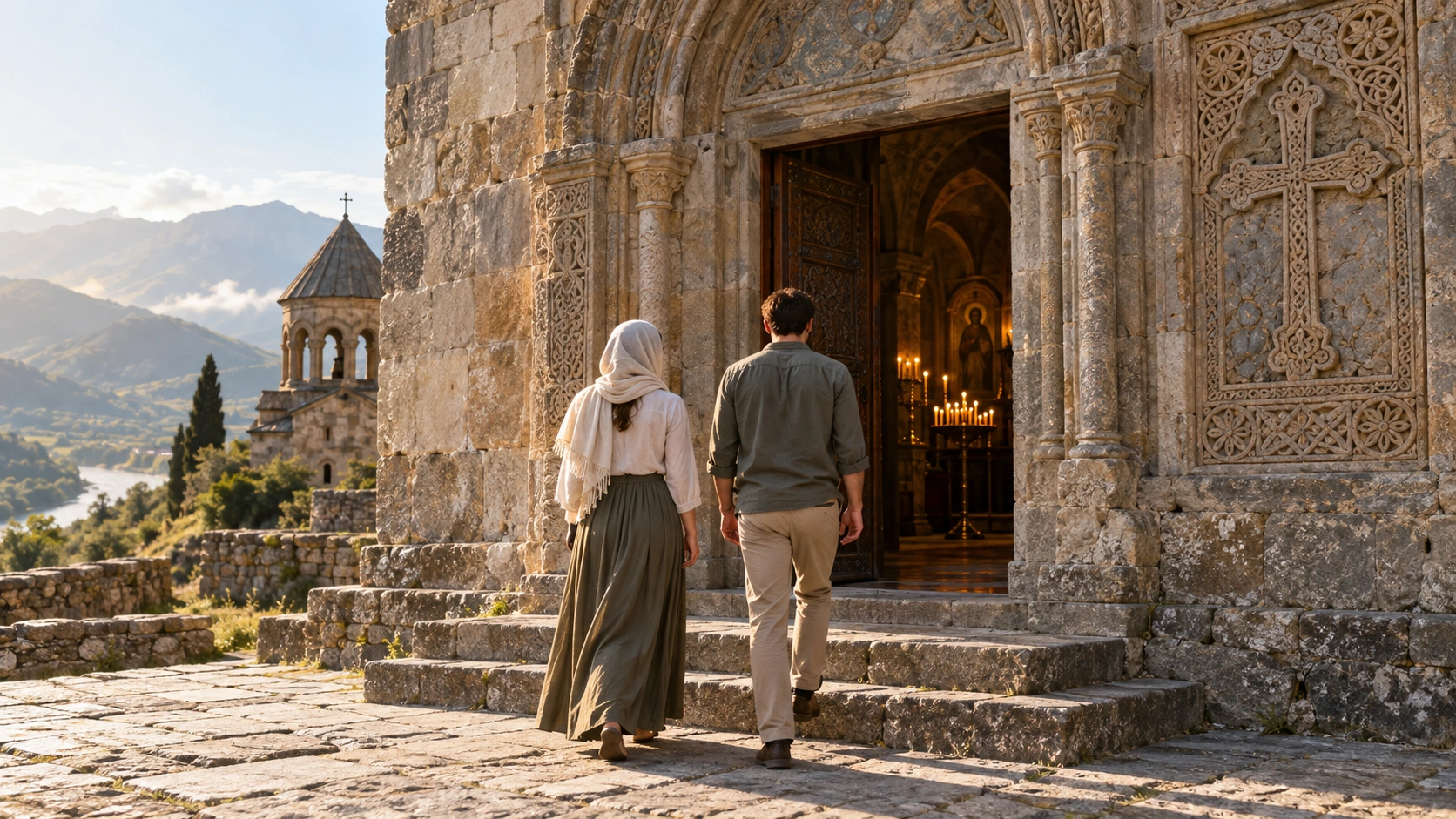 Visitors in modest clothing approaching a Georgian Orthodox church, with a woman wearing a headscarf and long skirt