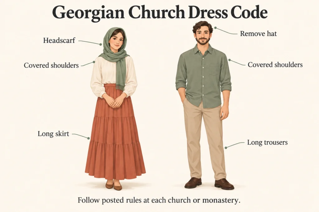 Georgian church dress code illustration showing a woman in a headscarf and long skirt and a man in long trousers, with labels for covered shoulders and removing hats.