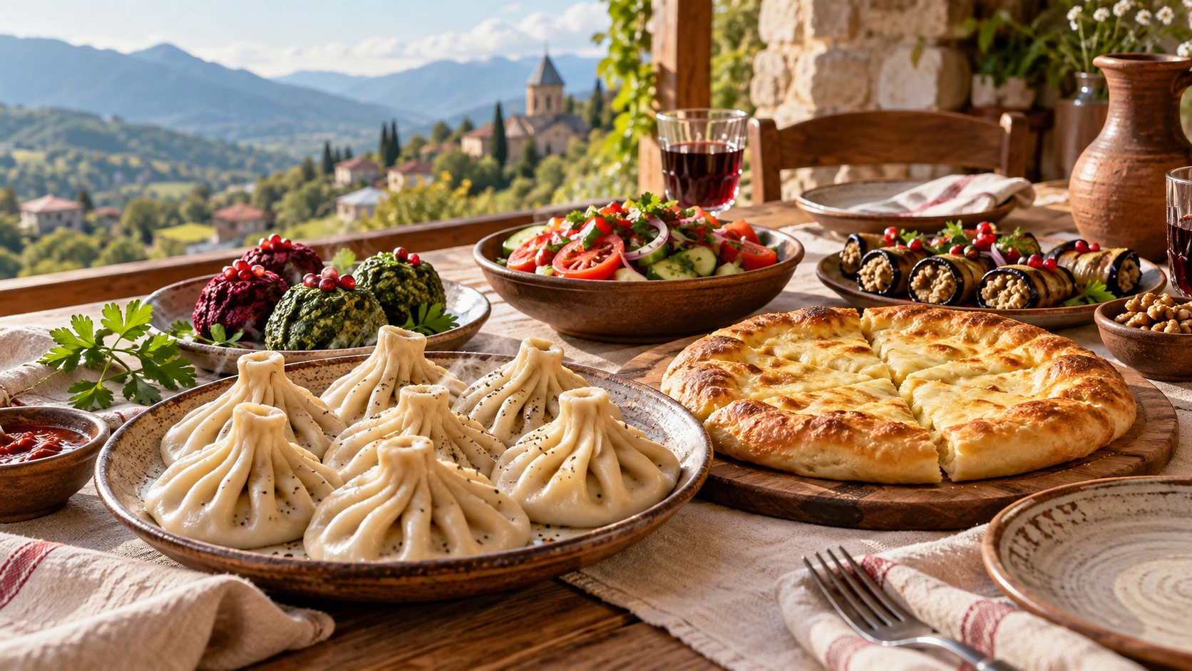 georgian-food-guesthouse-table Khinkali, Imeruli khachapuri, spinach and beetroot pkhali, walnut aubergine rolls, and tomato-cucumber salad on a sunlit table.
