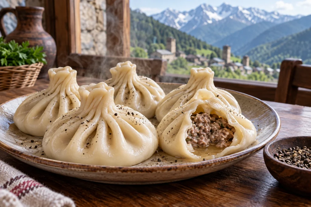 Steaming khinkali on a ceramic platter, one opened to reveal minced meat and broth, with mountains visible through a guesthouse window