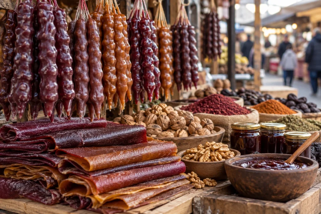 Hanging purple and amber churchkhela above folded fruit leather, walnuts, spice mounds and plum sauce jars at a Georgian market stall