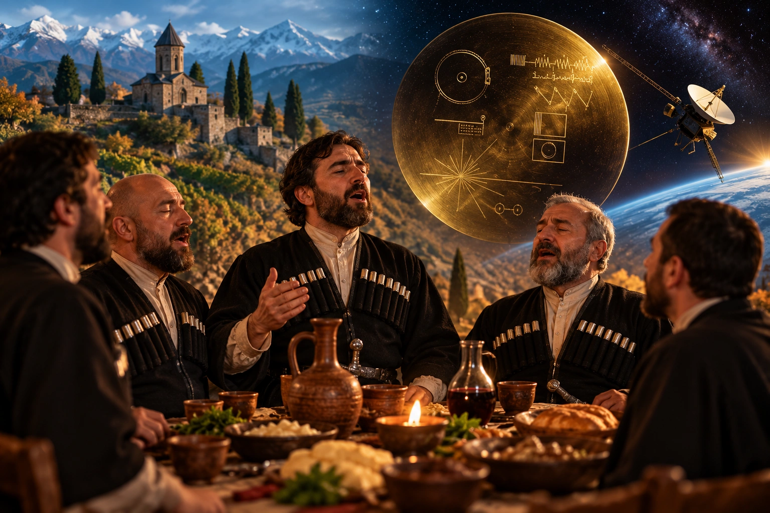 Georgian polyphonic singers performing Chakrulo with the Voyager Golden Record and spacecraft in the background