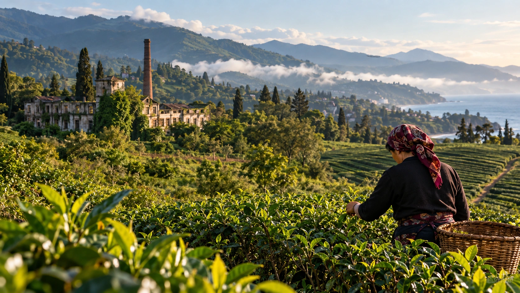 Georgian tea plantation in western Georgia with a tea picker and an abandoned Soviet-era factory