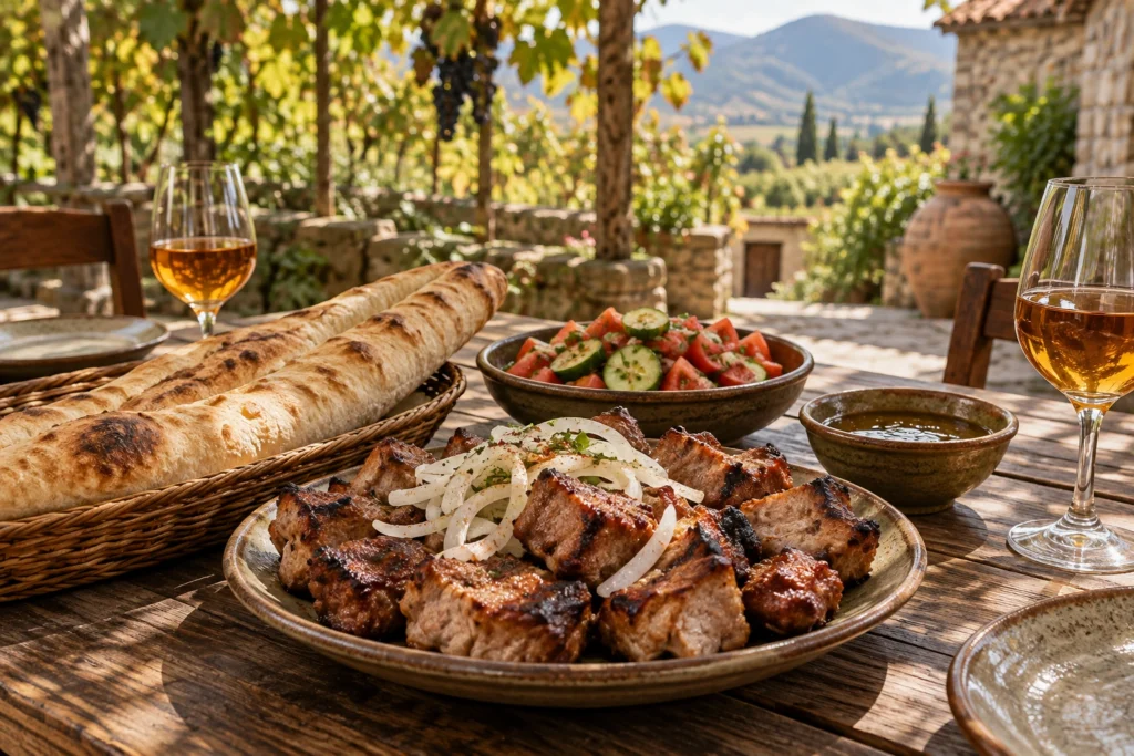 Grilled pork mtsvadi with raw onions, shoti bread, tomato-cucumber salad, tkemali and amber wine on a courtyard table beneath grapevines.
