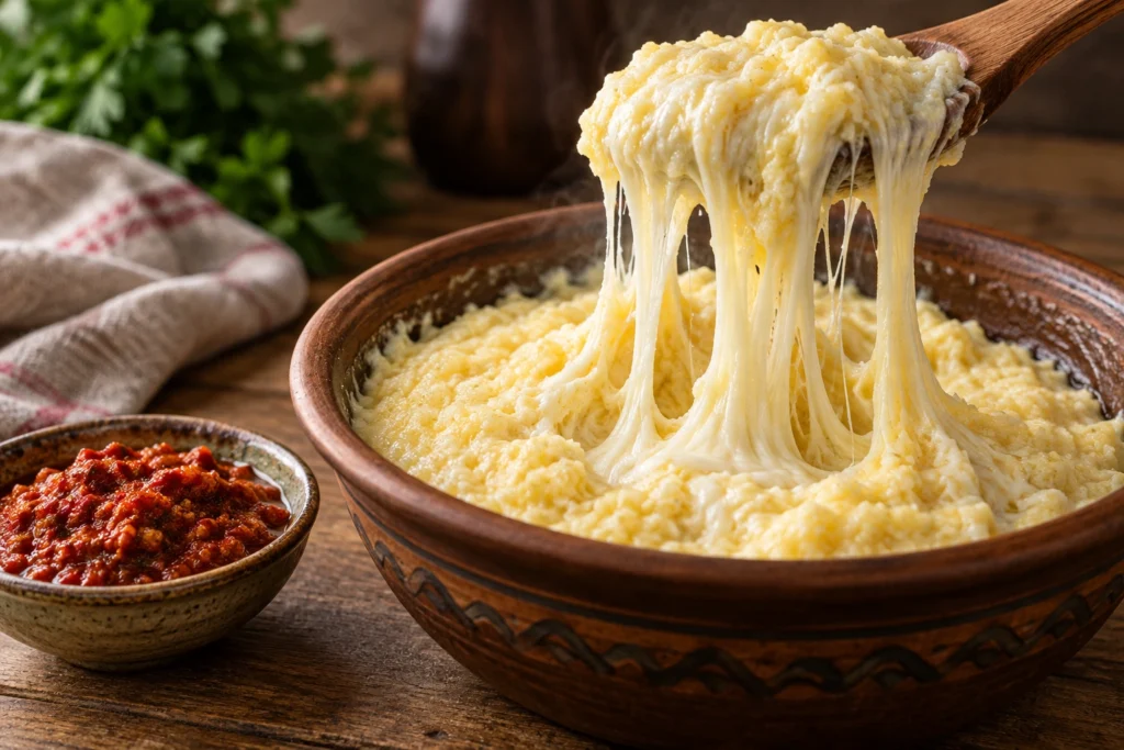 A wooden spoon lifts elarji from a ceramic bowl, stretching long strands of cheese, with a small dish of red ajika alongside.