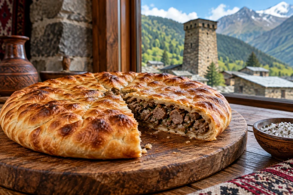 Round kubdari with a wedge removed to reveal spiced meat, beside Svan salt, with a stone tower and mountains beyond the window
